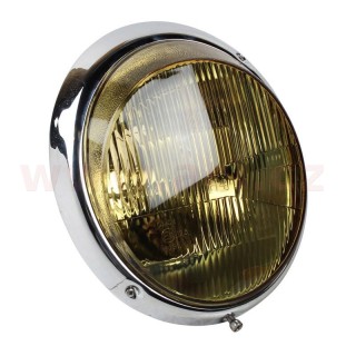 Přední světlo H4 se žlutým sklem a chromovým rámečkem komplet  L=P r.v. 69-83